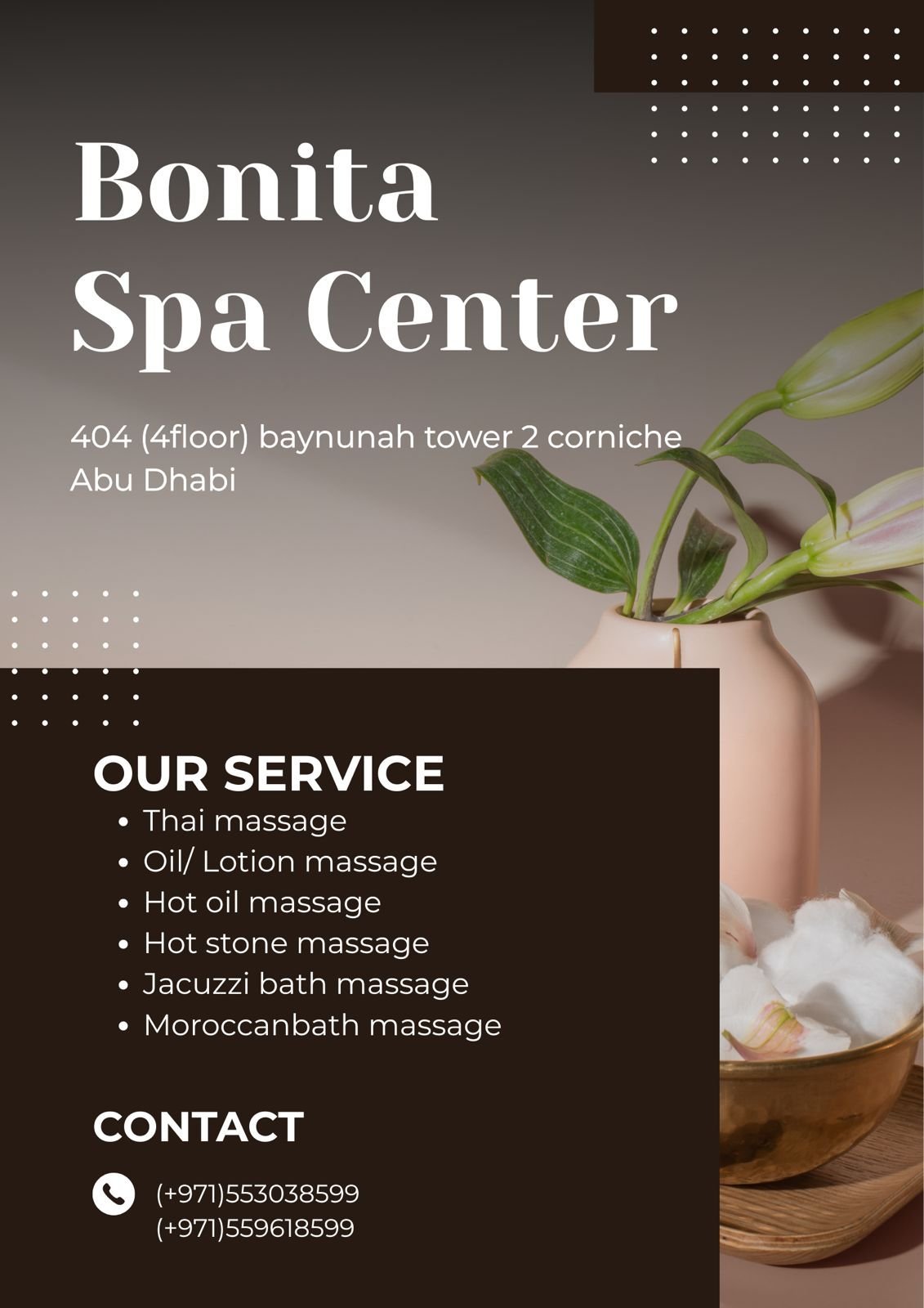 Spa styling detail with fresh lilies and warm towels at Bonita Spa Center